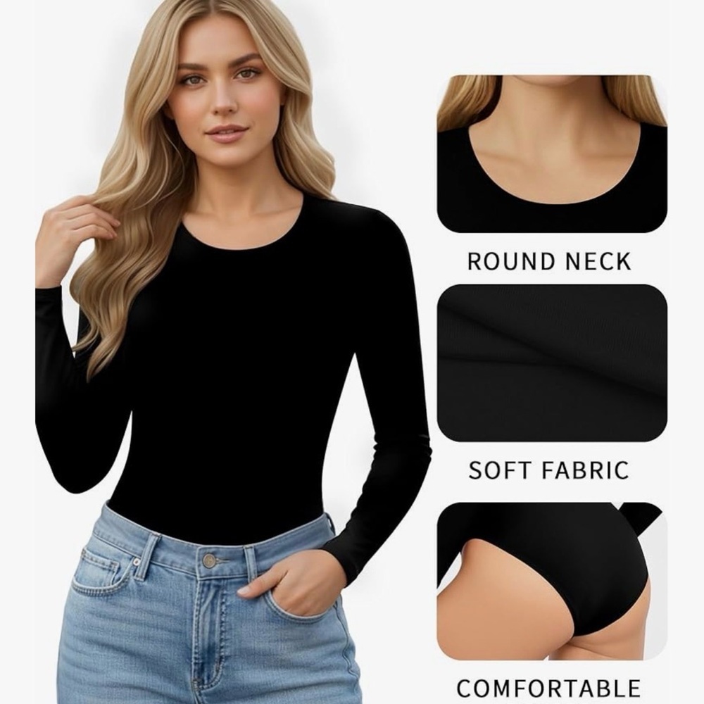 Black Round Neck Long Sleeve Bodysuit Size Medium NWT - Picture 2 of 2